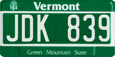 VT license plate JDK839