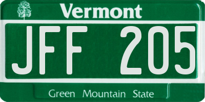 VT license plate JFF205