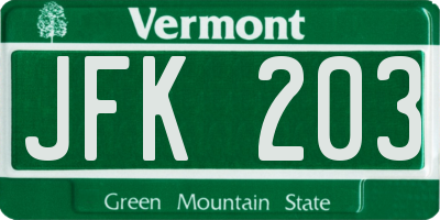 VT license plate JFK203