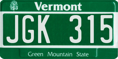 VT license plate JGK315