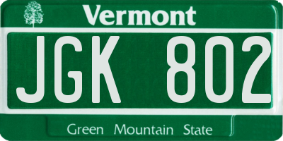 VT license plate JGK802