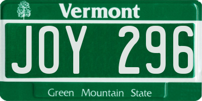 VT license plate JOY296