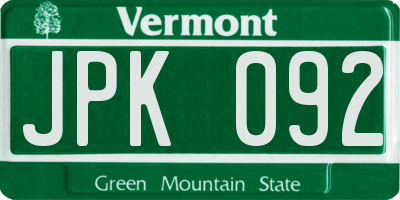 VT license plate JPK092