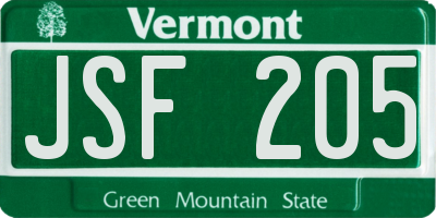 VT license plate JSF205