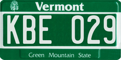 VT license plate KBE029