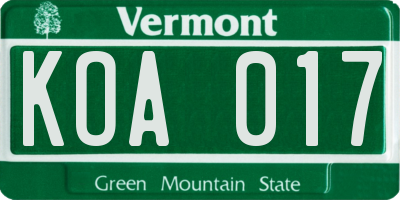 VT license plate KOA017