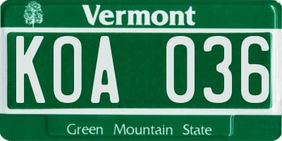 VT license plate KOA036