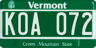 VT license plate KOA072