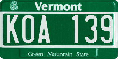 VT license plate KOA139