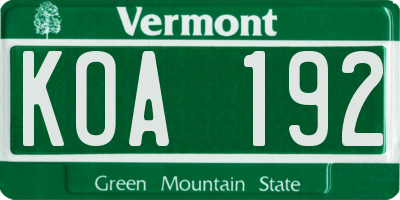 VT license plate KOA192