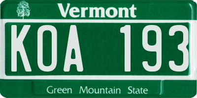 VT license plate KOA193