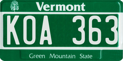 VT license plate KOA363