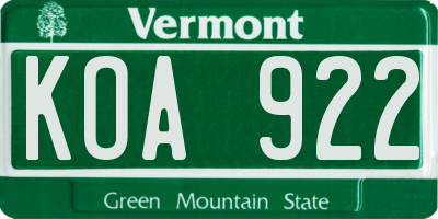 VT license plate KOA922