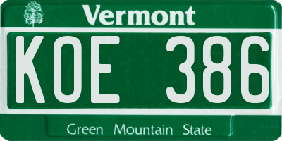 VT license plate KOE386