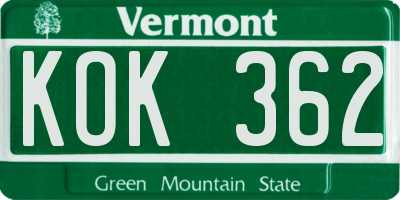 VT license plate KOK362