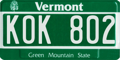VT license plate KOK802
