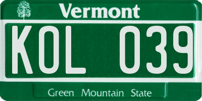 VT license plate KOL039
