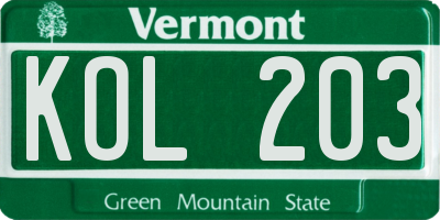 VT license plate KOL203