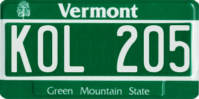 VT license plate KOL205
