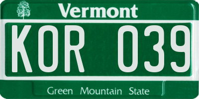 VT license plate KOR039