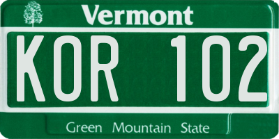 VT license plate KOR102