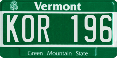 VT license plate KOR196