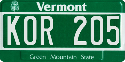 VT license plate KOR205