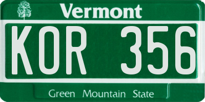 VT license plate KOR356