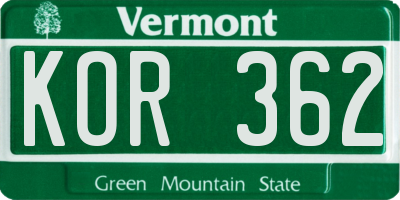 VT license plate KOR362