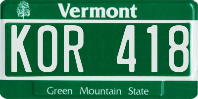 VT license plate KOR418