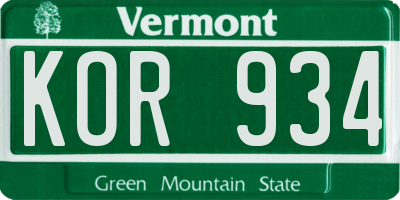 VT license plate KOR934