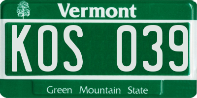 VT license plate KOS039