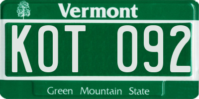 VT license plate KOT092