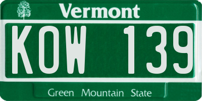 VT license plate KOW139