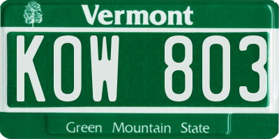 VT license plate KOW803