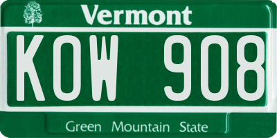 VT license plate KOW908