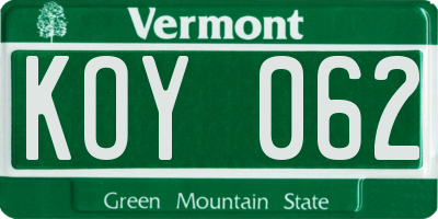 VT license plate KOY062