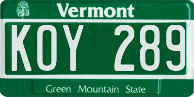 VT license plate KOY289