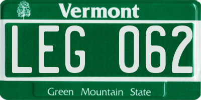 VT license plate LEG062