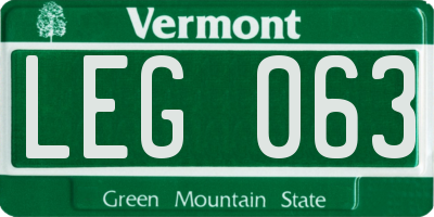 VT license plate LEG063