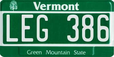 VT license plate LEG386