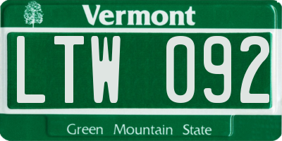 VT license plate LTW092