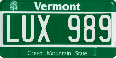 VT license plate LUX989