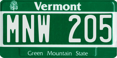VT license plate MNW205