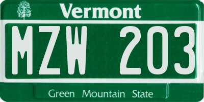 VT license plate MZW203