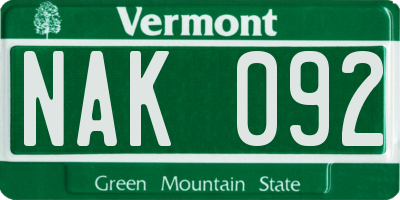 VT license plate NAK092