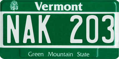 VT license plate NAK203