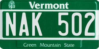 VT license plate NAK502