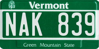 VT license plate NAK839