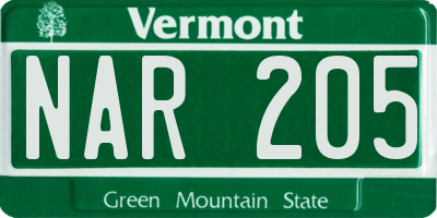 VT license plate NAR205